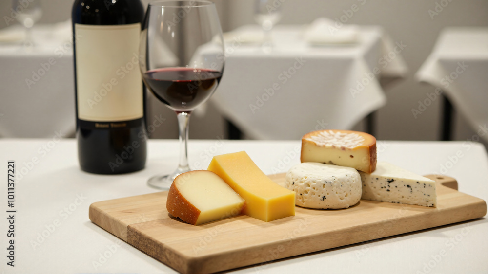 An elegant table setting featuring a bottle of red wine paired with a beautifully arranged cheese platter, showcasing a variety of textures and flavors. An elegant table setting featuring a bottle of red wine paired with a beautifully arranged cheese platter, showcasing a variety of textures and flavors.