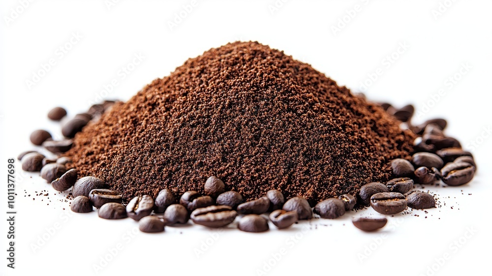 Freshly Ground Coffee Piled High With Raw Coffee Beans Scattered Around
