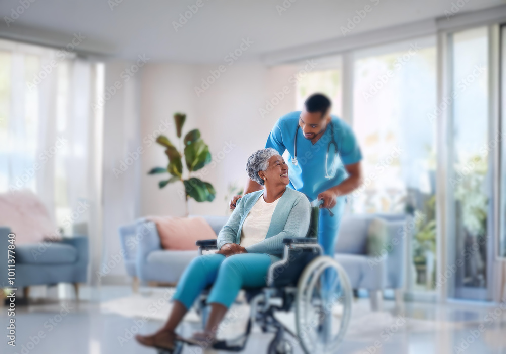 A woman in a wheelchair smiles at a man in blue scrubs, who looks down at her with a warm expression. A woman in a wheelchair smiles at a man in blue scrubs, who looks down at her with a warm expression.
