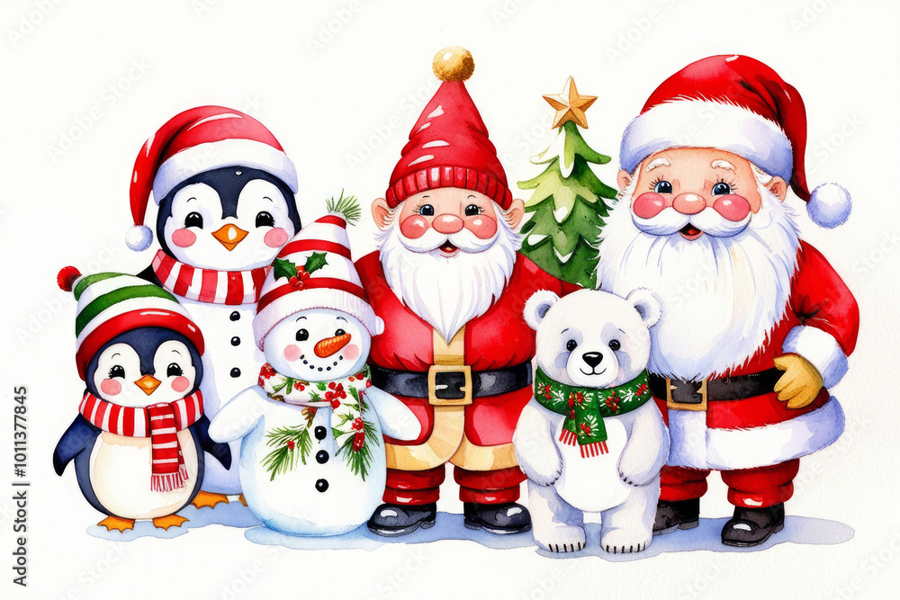 Merry Christmas and happy new year greeting card with cute Santa Claus, snowman, xmas tree, penguin and bear. Holiday watercolor animales in winter season. AI Merry Christmas and happy new year greeting card with cute Santa Claus, snowman, xmas tree, penguin and bear. Holiday watercolor animales in winter season. AI