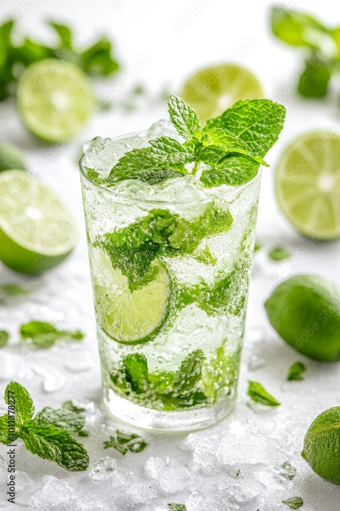 Refreshing Classic Mojito Cocktail, Garnished with Lime and Mint, Isolated on White Background Refreshing Classic Mojito Cocktail, Garnished with Lime and Mint, Isolated on White Background