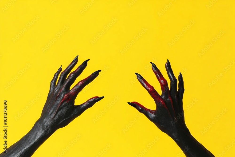 Black and red-painted hands reaching out against a vibrant yellow background. Black and red-painted hands reaching out against a vibrant yellow background.