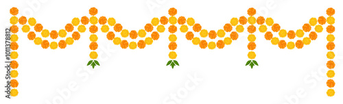 Yellow orange marigold flowers. Indian traditional floral festive garland toran. Zendu flowers isolated on background Party decor. Diwali, Halloween Dia de los Muertos holiday. Vector illustration