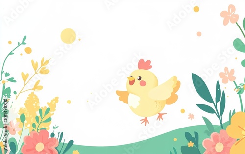 A cheerful yellow chick frolicking among vibrant flowers in a sunlit meadow during a warm spring day