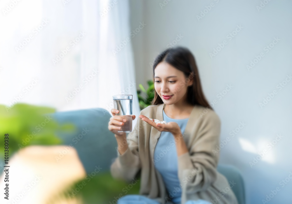 A woman sits on a couch, holding a glass of water in one hand and a handful of pills in the other, looking at the pills. A woman sits on a couch, holding a glass of water in one hand and a handful of pills in the other, looking at the pills.