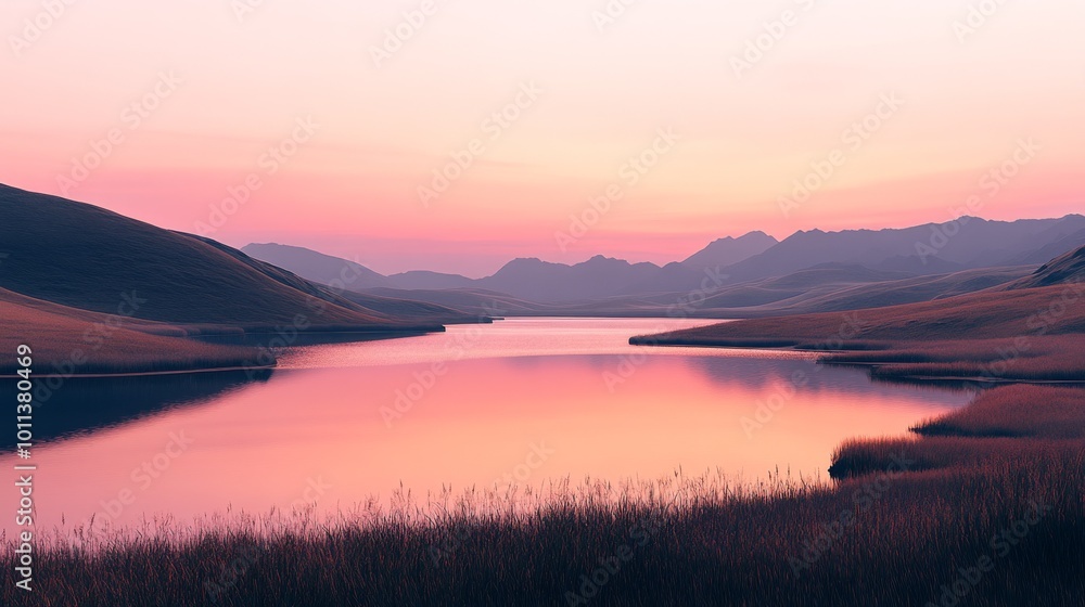 Obraz premium Sunset Reflections on a Tranquil Lake Surrounded by Mountains and Rolling Hills