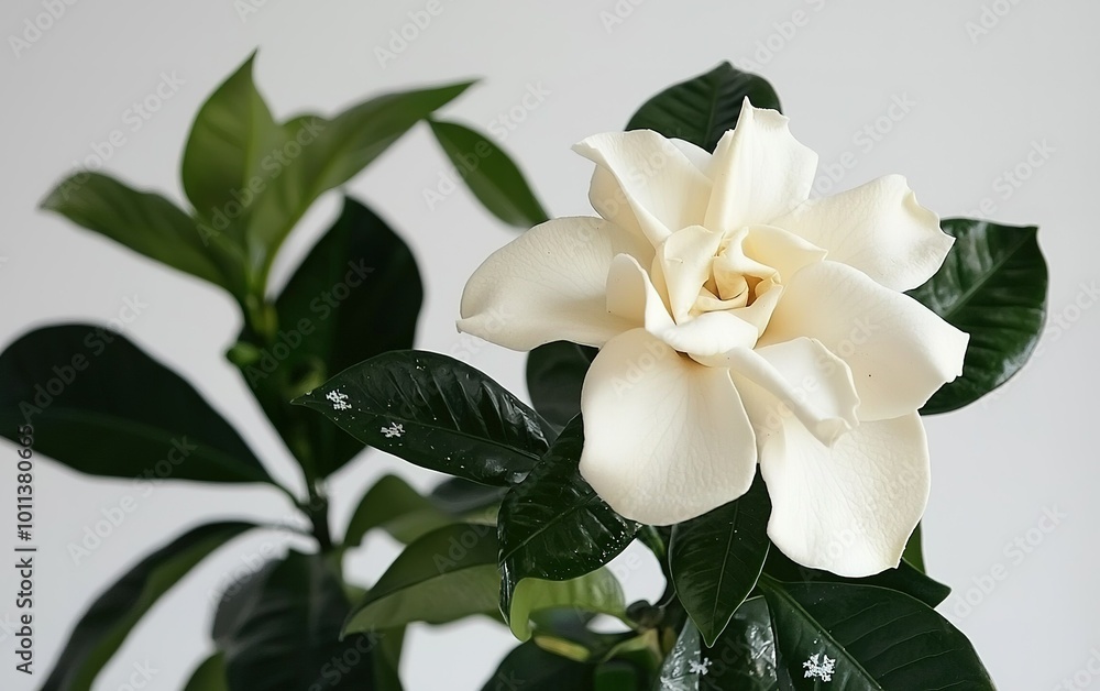 © BYAI - Elegant white gardenia blossom amidst lush green foliage in a softly lit indoor space © BYAI - Elegant white gardenia blossom amidst lush green foliage in a softly lit indoor space