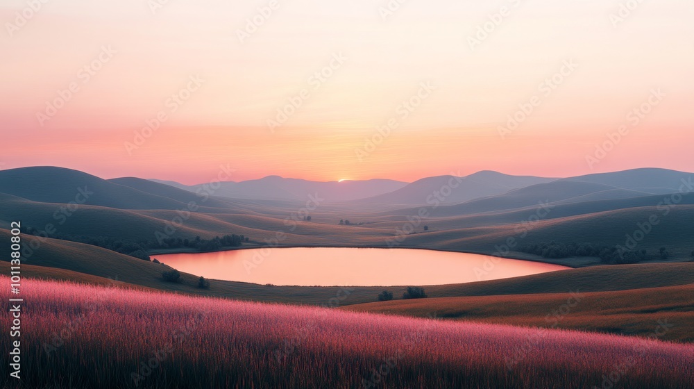 Fototapeta premium A Serene Sunset Over a Calm Lake Surrounded by Rolling Hills and Vibrant Wildflowers in Summer
