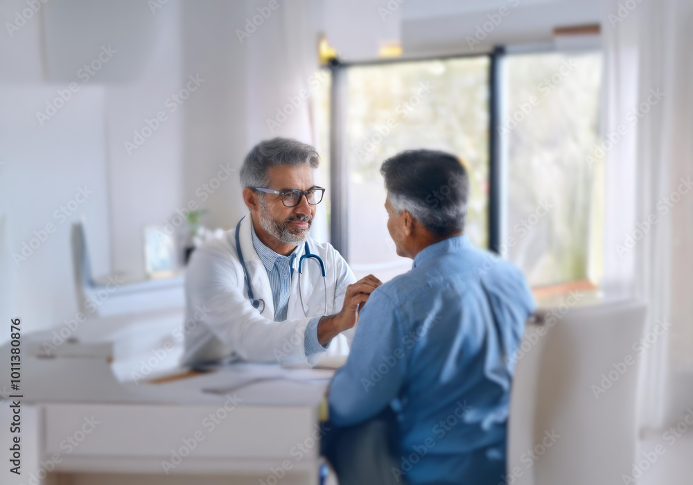 A doctor in a white coat with a stethoscope listens intently as he speaks to a patient. A doctor in a white coat with a stethoscope listens intently as he speaks to a patient.