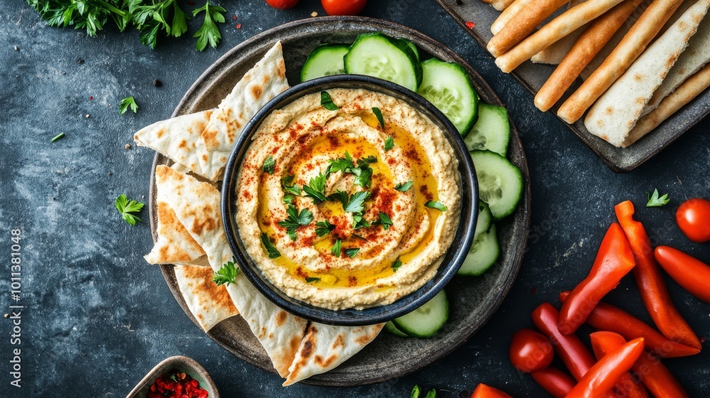 Hummus dip with pita bread, cucumbers, and red pepper slices on a black plate. Hummus dip with pita bread, cucumbers, and red pepper slices on a black plate.