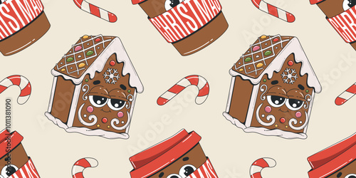 Groovy Christmas seamless pattern with cartoon characters. Great for backgrounds, banners, wallpapers, textiles. Vector illustration for cafe, coffee shop or bakery.