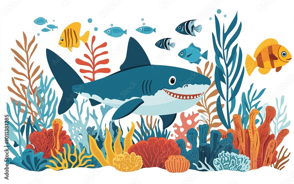 Naklejka premium A vibrant underwater garden filled with colorful marine life featuring a playful shark among lively fish and corals