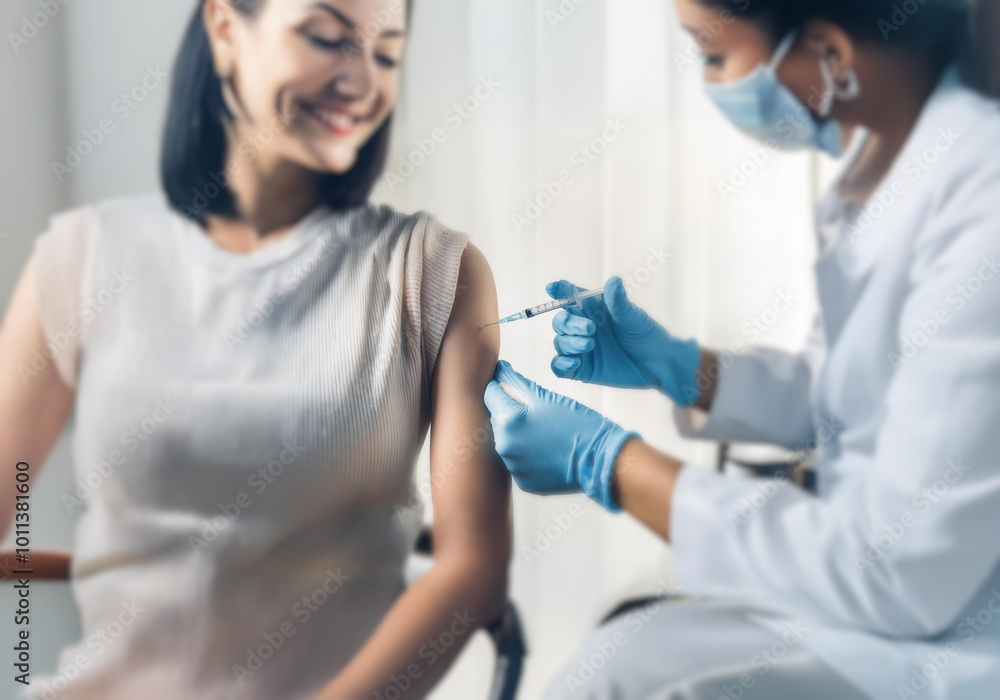 A woman smiles as a medical professional prepares to inject her shoulder.