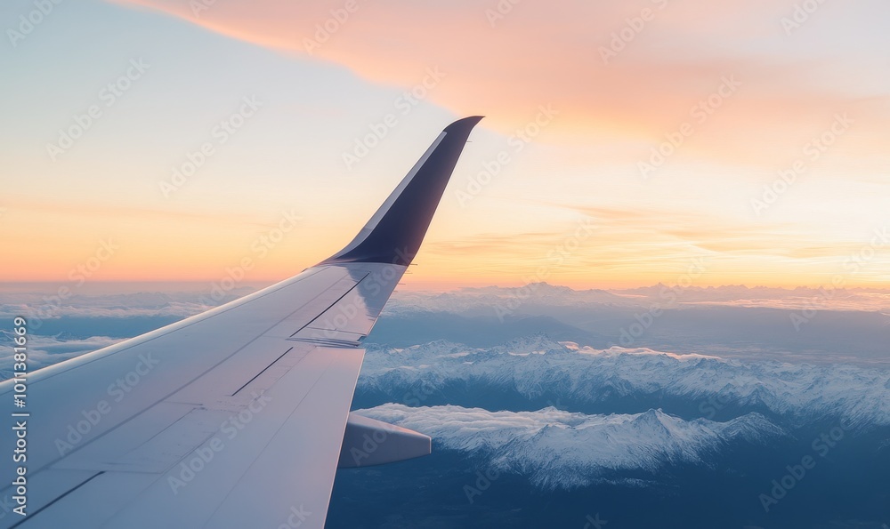 Obraz premium Aerial View From an Airplane Wing Over Snow-Capped Mountains at Sunset