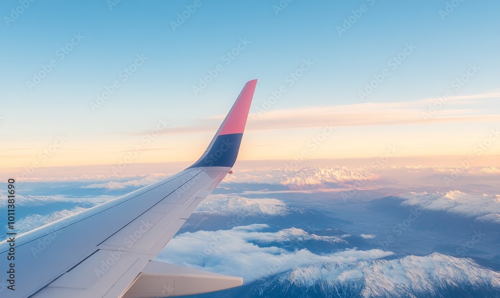 Obraz premium Airplane Wing View Over Snow-Capped Mountains at Sunrise