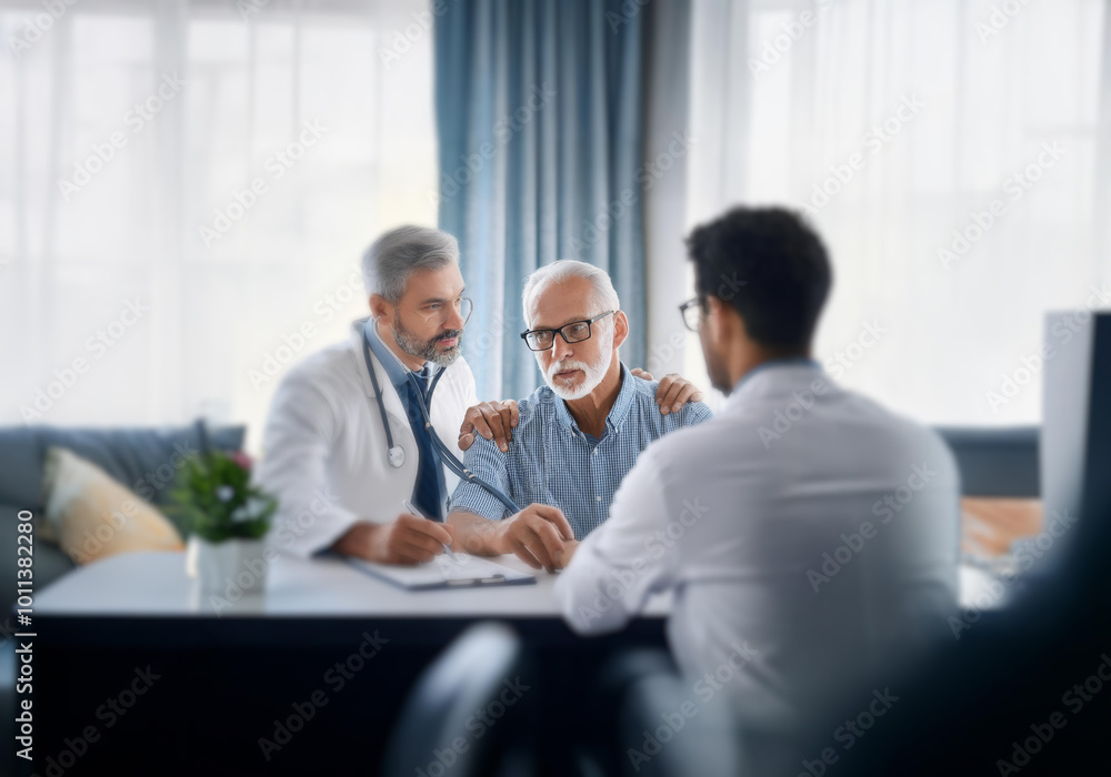 Three men, two in white coats and one in a plaid shirt, are sitting around a table. Three men, two in white coats and one in a plaid shirt, are sitting around a table.