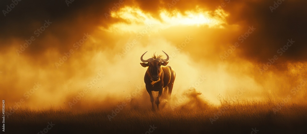 Wildebeest silhouette running through a field of tall grass with a dramatic sunset in the background. Wildebeest silhouette running through a field of tall grass with a dramatic sunset in the background.