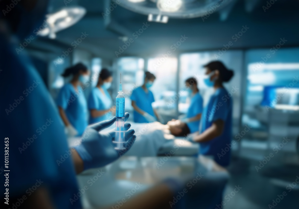A doctor holds a syringe filled with a blue liquid in a sterile operating room, with a patient and other medical personnel in the background. A doctor holds a syringe filled with a blue liquid in a sterile operating room, with a patient and other medical personnel in the background.