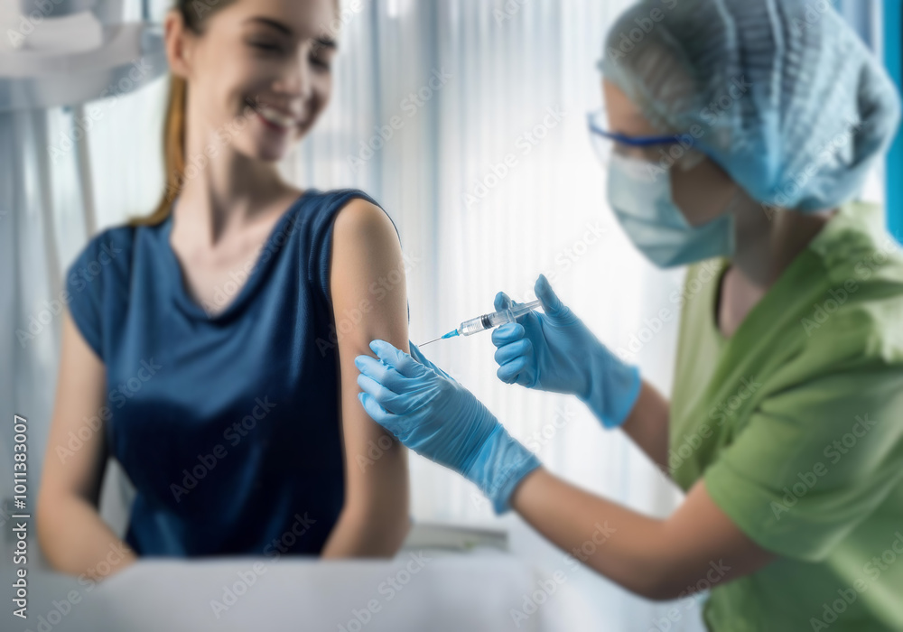 A woman is being injected in the arm by a healthcare professional. A woman is being injected in the arm by a healthcare professional.