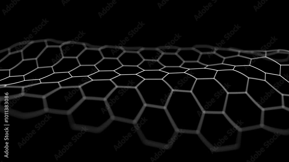 Close-up of wavy hexagonal grid on black background looping animation Close-up of wavy hexagonal grid on black background looping animation