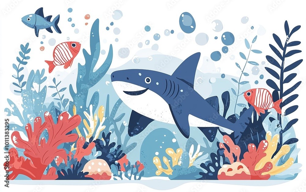 A vibrant underwater scene featuring a friendly shark swimming among colorful fish and lively coral reefs in a deep blue ocean A vibrant underwater scene featuring a friendly shark swimming among colorful fish and lively coral reefs in a deep blue ocean