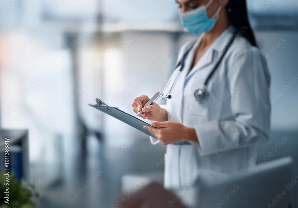 A doctor wearing a face mask and lab coat writes on a clipboard in a clinical setting. A doctor wearing a face mask and lab coat writes on a clipboard in a clinical setting.
