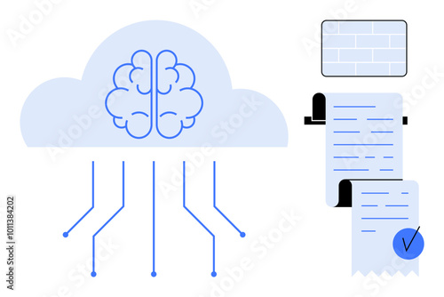 Brain within a cloud connected to digital interfaces, a receipt, and a checkmark symbol. Ideal for AI integration, cloud computing, data management, digital transactions, and futuristic design in a