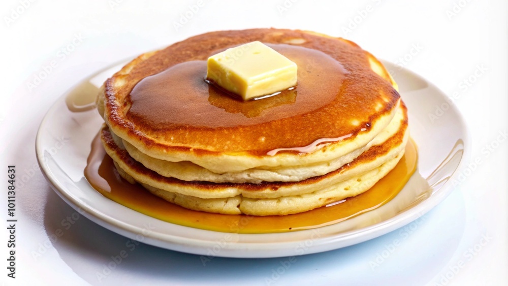 A stack of three golden brown pancakes topped with butter and maple syrup on a white plate. A stack of three golden brown pancakes topped with butter and maple syrup on a white plate.