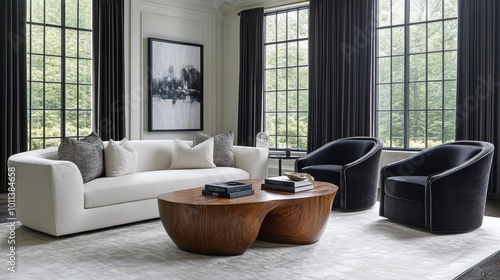 Modern Minimalist Living Room Interior with White Sofa, Wooden Coffee Table, and Two Armchairs