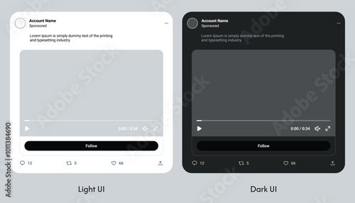 Twitter Social media post template mockup in Dark and Light mode. User interface with media content. 