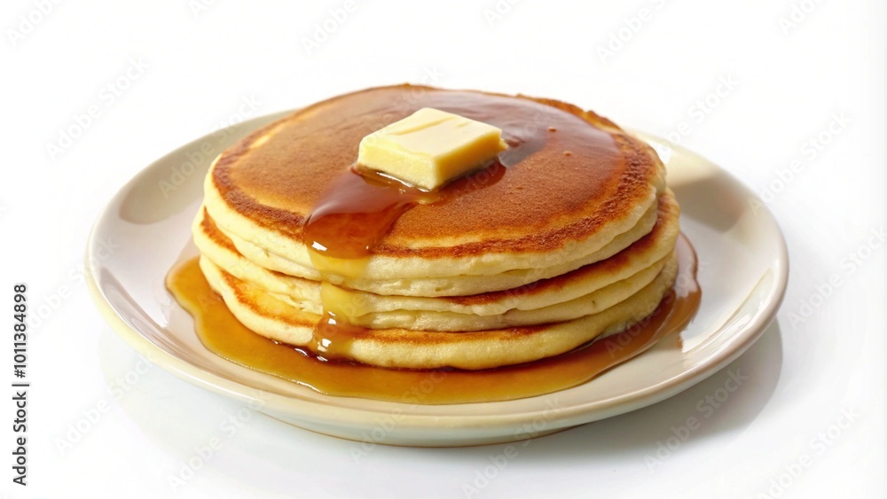 A stack of three golden brown pancakes topped with melted butter and drizzled with maple syrup on a white plate. A stack of three golden brown pancakes topped with melted butter and drizzled with maple syrup on a white plate.