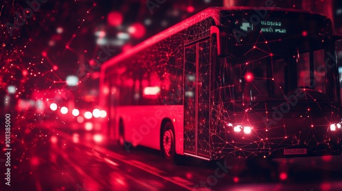 Autonomous City Bus Navigating a Futuristic Technological Linescape, Illuminated in Red. photo