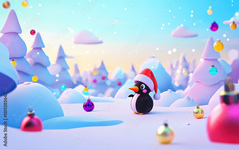 A cheerful penguin wearing a Santa hat strolls through a whimsical winter wonderland filled with colorful ornaments and snow-covered trees A cheerful penguin wearing a Santa hat strolls through a whimsical winter wonderland filled with colorful ornaments and snow-covered trees