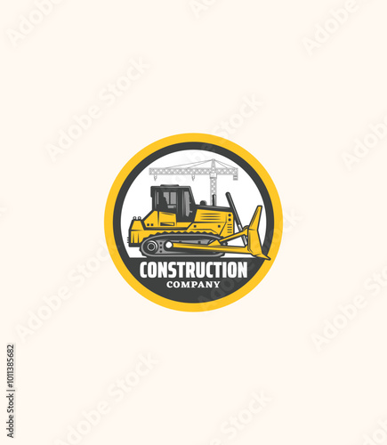 Construction company logo design with a yellow truck illustration. Ideal for branding, building services, or engineering-related projects.