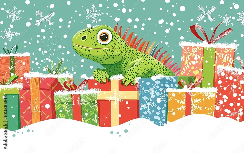 Naklejka premium A cheerful green iguana peeks from behind colorful holiday gifts, surrounded by falling snowflakes in a winter wonderland
