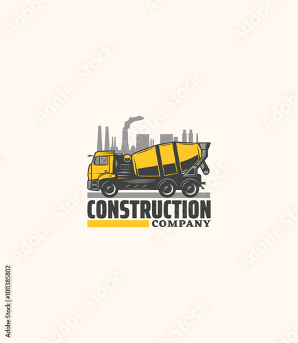 Construction company logo design with a yellow truck illustration. Ideal for branding, building services, or engineering-related projects.