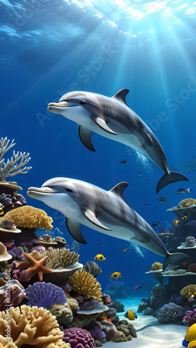 two dolphins swimming around the coral reef, with fish and sea plants in the background, showing an under water view. 