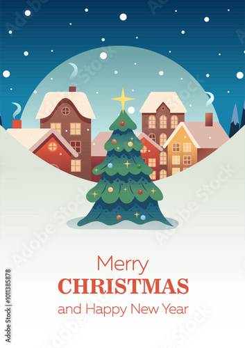 Happy Holidays Card. Christmas Town with Street, Falling Snow and Christmas Tree. Winter City Scene. Vector Illustration.
