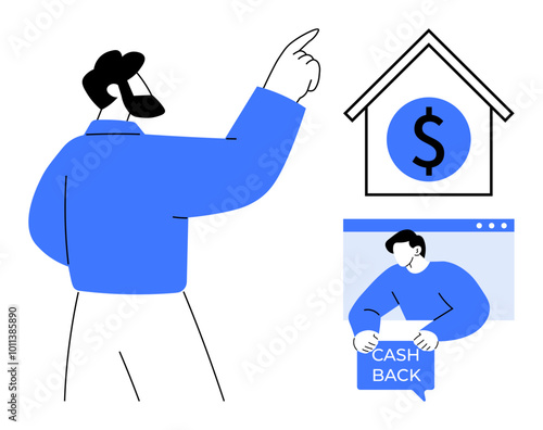 Man pointing to a house with a dollar symbol, and another person holding a cashback sign on a screen. Ideal for finance, real estate, investment, online transactions, and e-commerce themes. Simple