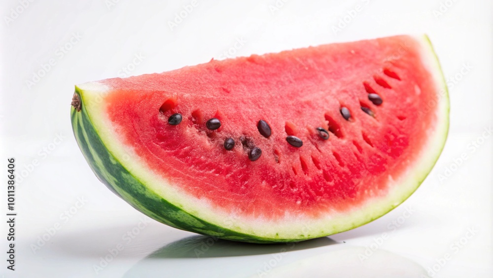 A juicy slice of watermelon with dark seeds on a white background. A juicy slice of watermelon with dark seeds on a white background.