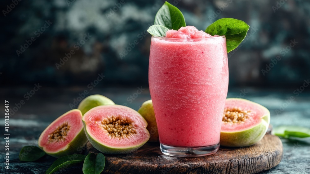Refreshing pink guava smoothie surrounded by guava halves and leaves Refreshing pink guava smoothie surrounded by guava halves and leaves