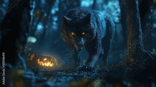 Wolf and glowing Halloween pumpkins in the night forest