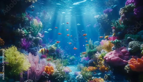 Panoramic underwater world, vibrant aquatic life, stocks swimming through coral reefs, merging nature and finance, surreal harmony