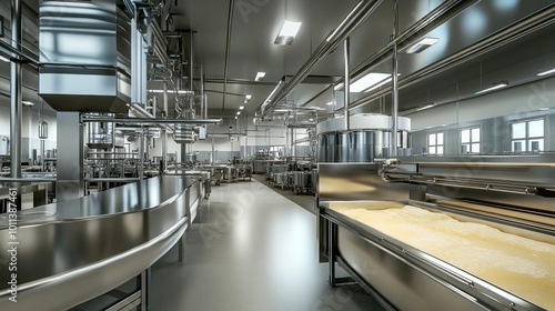 A commercial food processing plant with advanced dairy processing equipment, producing and packaging milk, cheese, and yogurt in a streamlined operation photo