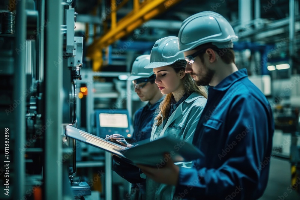 A factory team coordinating machine operations and making real-time adjustments, highlighting teamwork and advanced technical skills in an industrial environment A factory team coordinating machine operations and making real-time adjustments, highlighting teamwork and advanced technical skills in an industrial environment