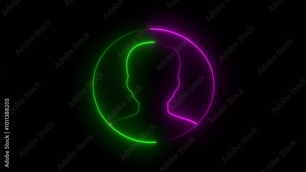 Glowing neon light purple and green icon on black background. Neon Communication man profile icon. Profile add icon animation. Glowing neon light purple and green icon on black background. Neon Communication man profile icon. Profile add icon animation.