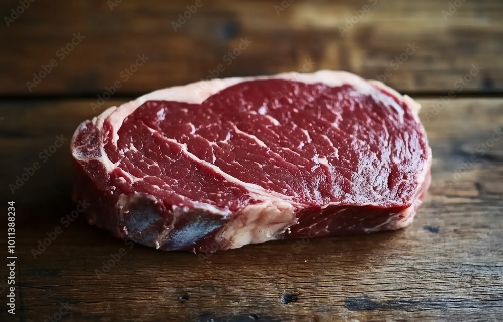 A raw steak on a wooden surface, showcasing its marbled texture. A raw steak on a wooden surface, showcasing its marbled texture.