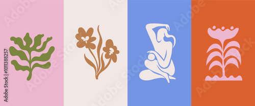Beautiful female figures abstract cut out print. Vector logo design template and illustration in simple minimal flar style - body positive emblem, abstract badge, modern feminine art