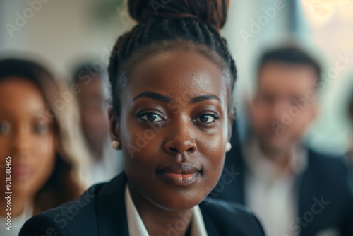 Young black businesswoman in focus during a office meeting with other employees