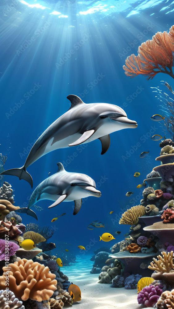 Fototapeta premium two dolphins swimming around the coral reef, with fish and sea plants in the background, showing an under water view. 